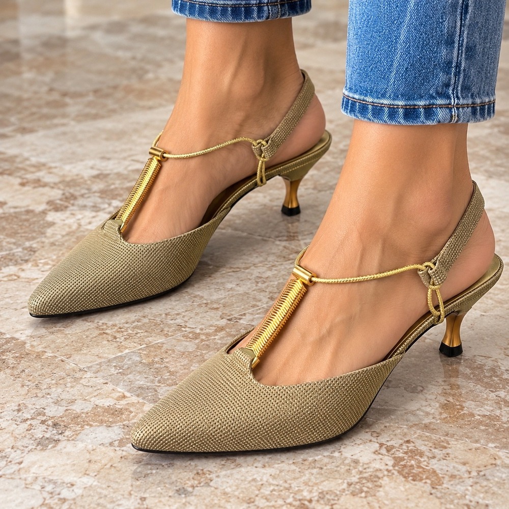 Sesto Meucci 7.5 N Gold Metallic Slingback Kitten Heels Italy Y2K Vintage